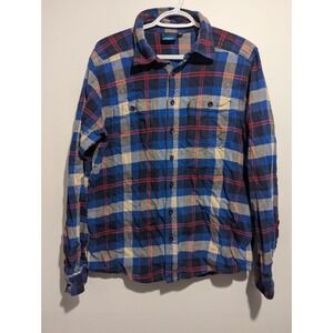 KAVU Mens Size L Blue Red Tan Plaid Long Sleeve Flannel Button Down Shirt Cotton